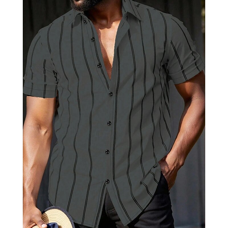 Men's Shirt Summer Shirt Casual Shirt Beach Shirt Button Up Shirt Black Light Green Royal Blue Green khaki Short Sleeve Stripe Lapel Vacation Hawaiian Clothing Apparel Polyester Fashion Casual2