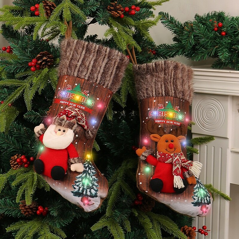 1 PC Christmas Stocking with Christmas Lights Tree Hanging Ornament Kids Gift Bag Fireplace Decoration Sock for Holiday Party Home Winter Festival Celebration2