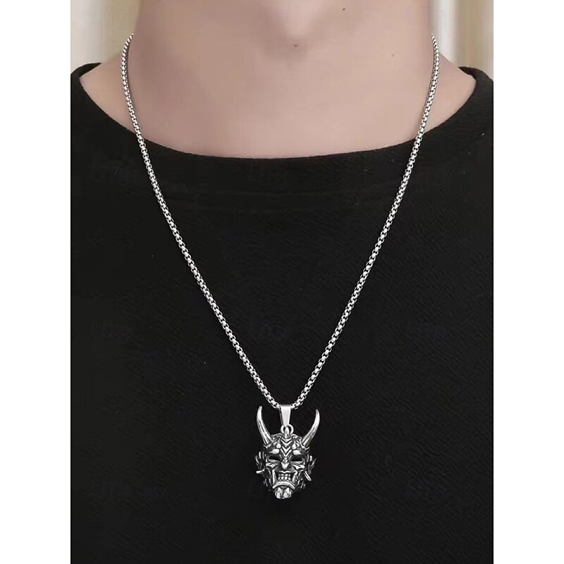 Men's Halloween Demon Mask Pendant Necklace - Gothic Samurai Ghost Alloy Bar Jewelry for Party, Cosplay and Streetwear4