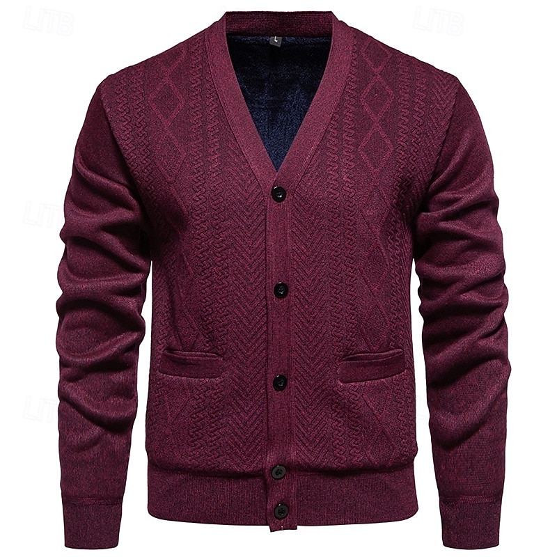 Men's Sweater Cardigan Sweater Ribbed Knit Regular Tops Knitted Plain V Neck Vacation Fashion Casual Daily Wear Clothing Apparel Spring &  Fall Burgundy Light Grey L XL 2XL3