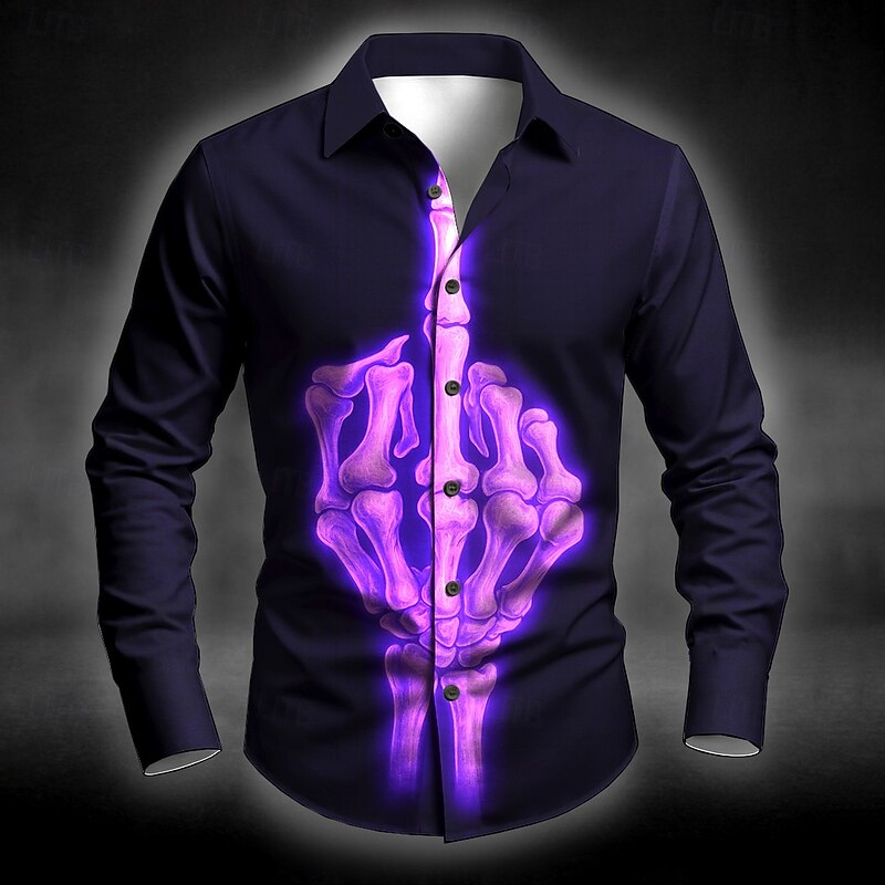 Halloween Men's Skeleton Middle Finger Halloween Costumes Shirt Button Up Shirt Long Sleeve Dark Punk Gothic Style Outdoor Holiday Summer Spring Turndown 3D Print Collared Shirts Blue Purple Orange