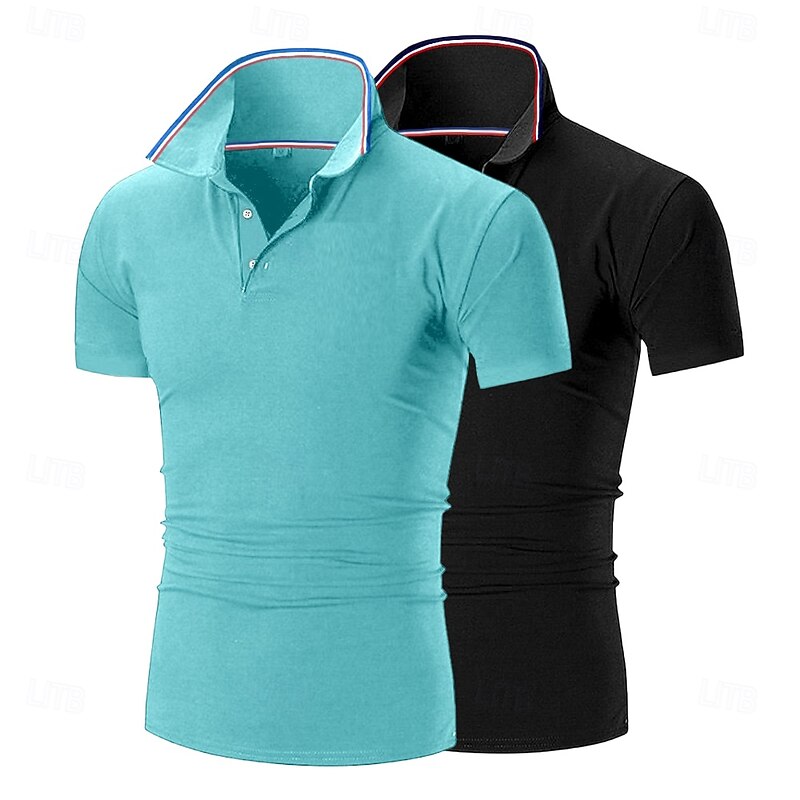 2 Piece Men's Golf Shirt Pique Polo Shirt Business Casual Ribbed Polo Collar Short Sleeve Fashion Basic Solid Color 2 Pcs Buttons Summer Spring & Fall All Seasons Golf Shirt2