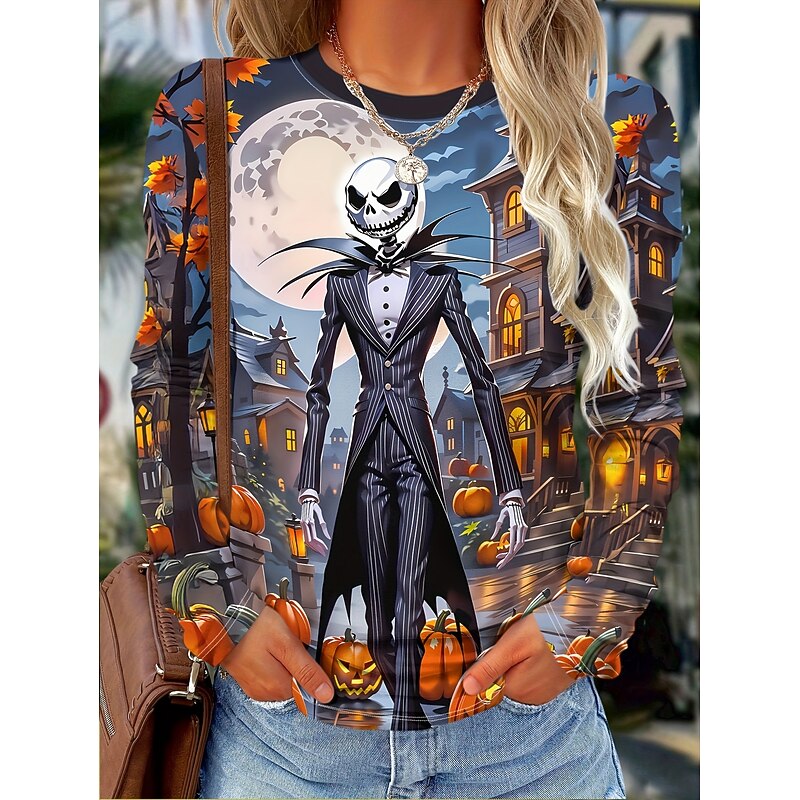 Halloween Women's T Shirt Skulls Graphic Pumpkin Vintage Fashion Stylish Long Sleeve Crew Neck Regular Tops Daily Print Blue Fall Winter3