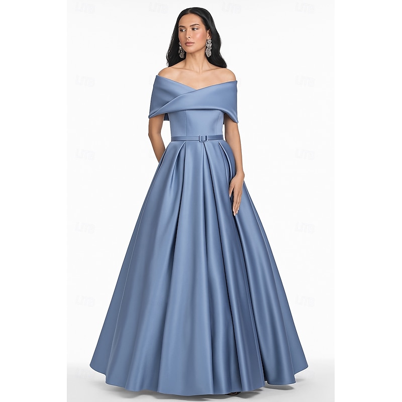 Blue Black A-Line Evening Gown Elegant Dress Formal Wedding Floor Length Short Sleeve Off Shoulder Pocket Satin with Pocket 2025