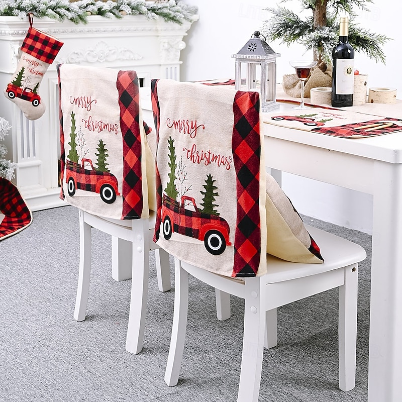 Christmas Chair Cover Creative Home Holiday Decoration Plaid Car Design Chair and Stool Cover Festive Christmas Party Dining Room Seating Accessory