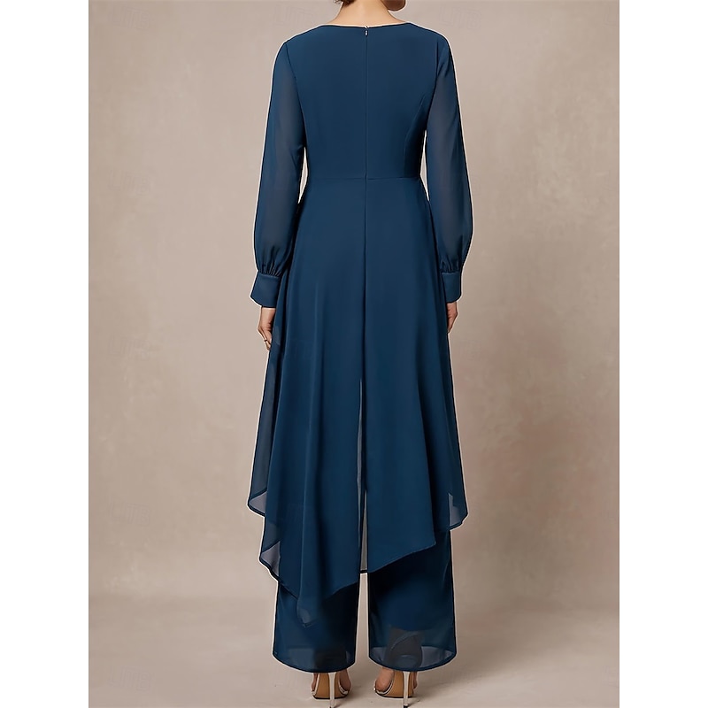 Pantsuit 2 Piece Mother of the Bride Classic Crew Neck Asymmetrical Hem Chiffon Long Sleeve with Solid Color2