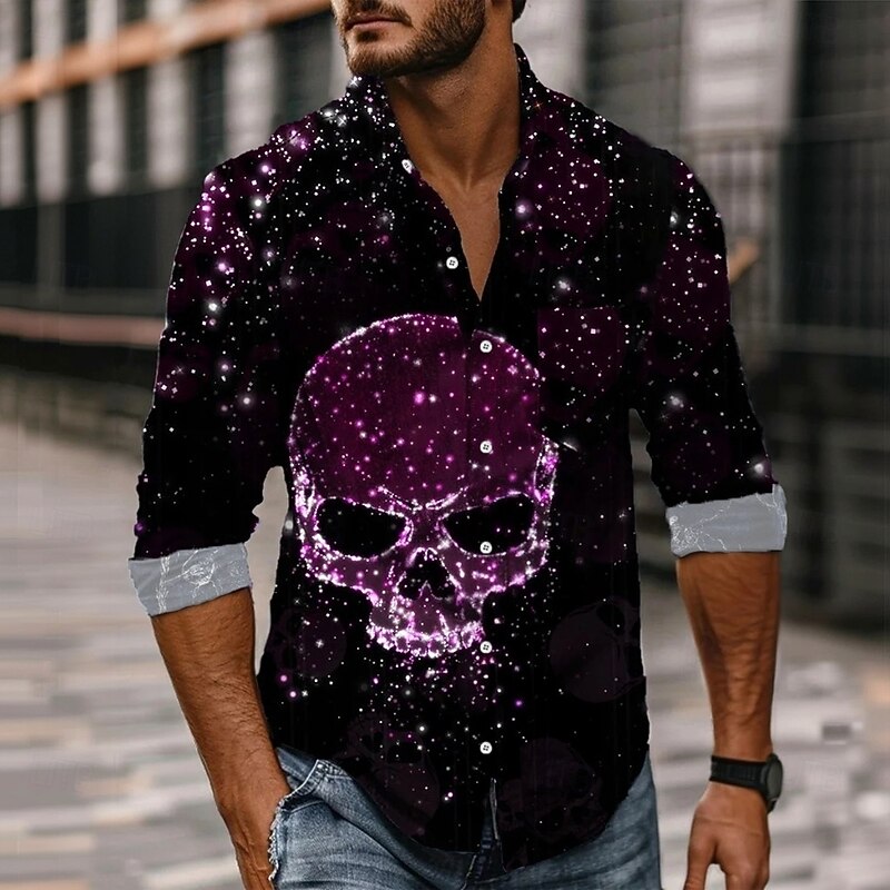 Halloween Men's Skull Sparkling Glitter Day of the Dead Shirt Button Up Shirt Long Sleeve Dark Gothic Style Holiday Spring Fall Turndown 3D Print Collared Shirts Front One Pocket Black Purple Gray