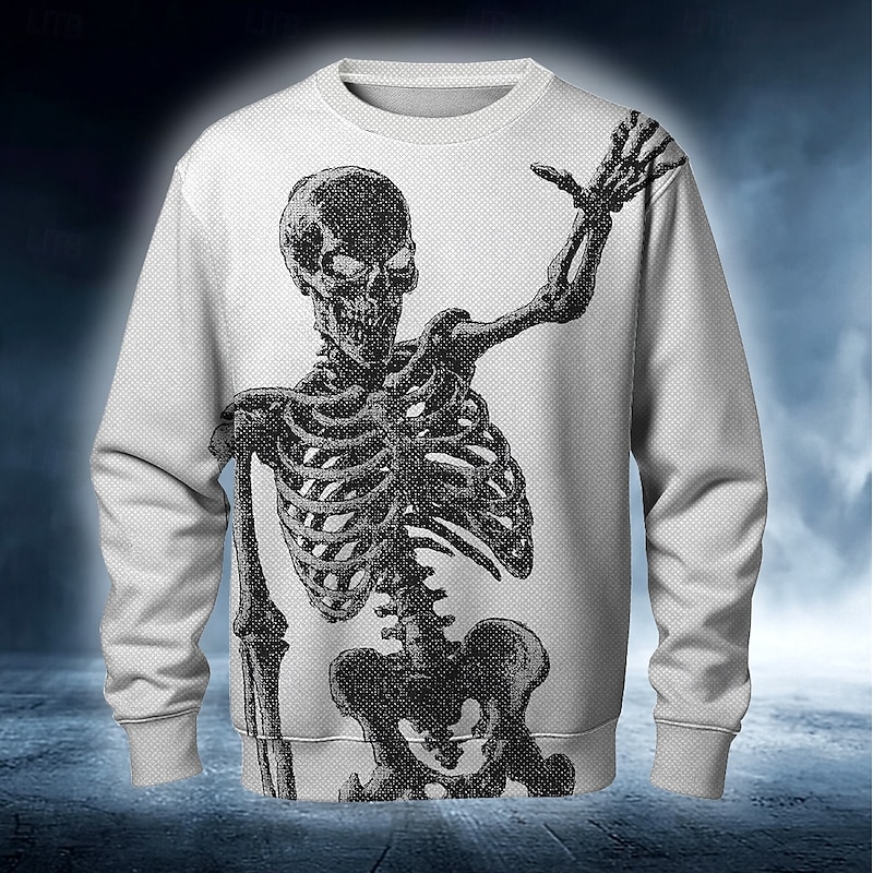 Halloween Men's Skull Devil Reaper Sweatshirt Punk Party Long Sleeve Crew Neck Vacation White Blue Crewneck 3D All Seasons Designer3