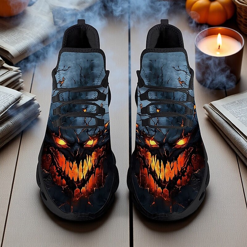Men's Lace-Up Sneakers with Fiery Skull Print – Casual Halloween Sports Shoes with Comfortable Sole for Running, Party and Everyday Streetwear2