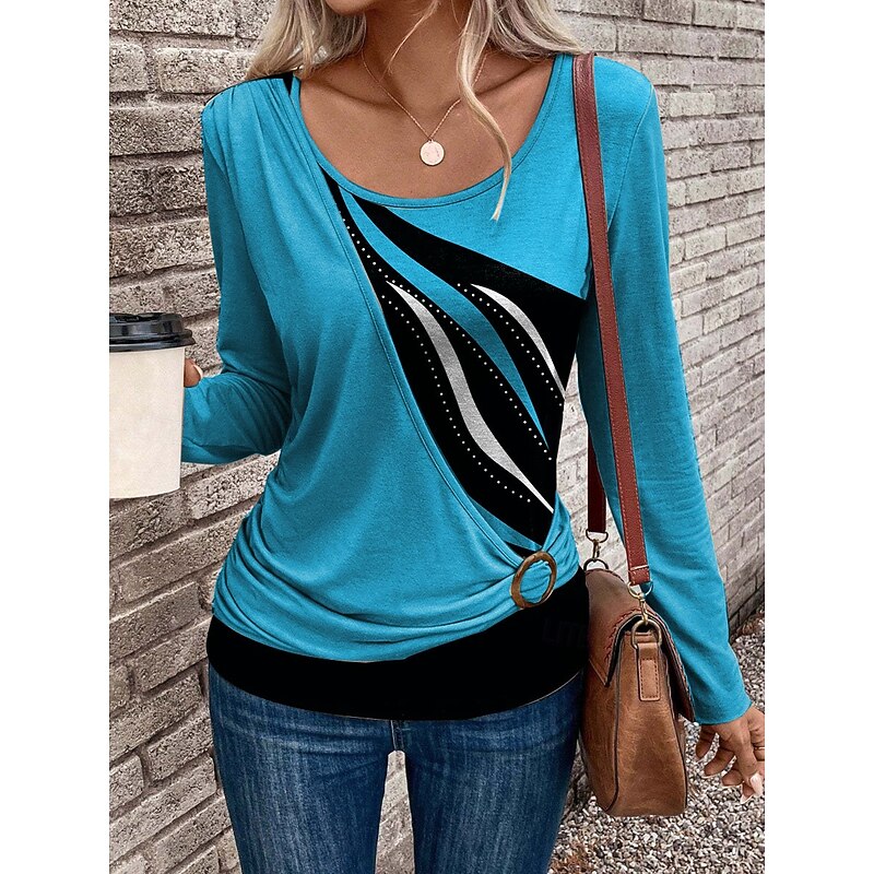 Women's T Shirt Graphic Geometric Abstract Fashion Stylish Casual Long Sleeve Crew Neck Regular Tops Daily Patchwork Print Asymmetrical Pink Red Blue Green Summer Fall Winter3