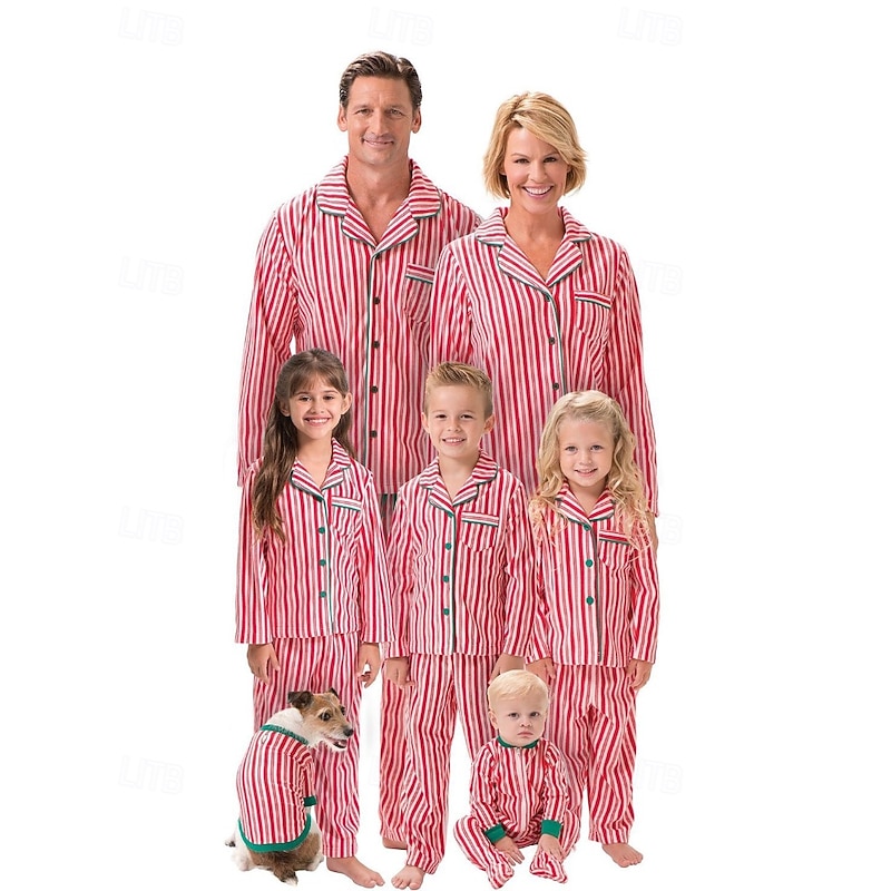Family Pajamas Striped Street Print Red Long Sleeve Sweet Matching Outfits