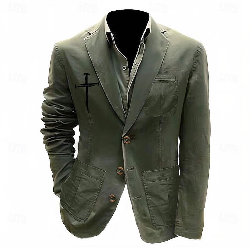 Men's Print Cross Blazer Cotton Suit Jacket Suits Coat Casual Outdoor Dailywear Multiple Pockets Three Button Stripe Lined Suit Jacket Fall Winter Notch lapel collar Long Sleeve Black khaki Army Green2