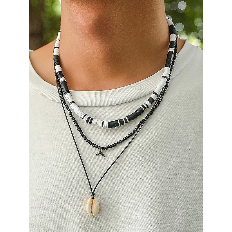 Men's 3-Piece Beach Necklace Set – Black and White Resin Beads, Shell Pendant & Wax Rope Chain – Surfer Style Jewelry for Summer, Festivals and Casual Outfits