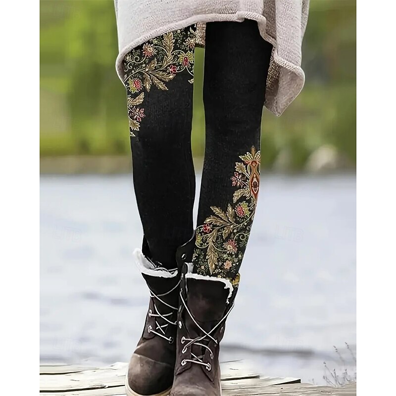 Women's Pants Trousers Leggings Cozy Leggings Streetwear Casual Full Length High Waist Floral Elastic Waist Print Breathability Comfortable Stretchy Vacation Street Daily Wear Black Spring Fall