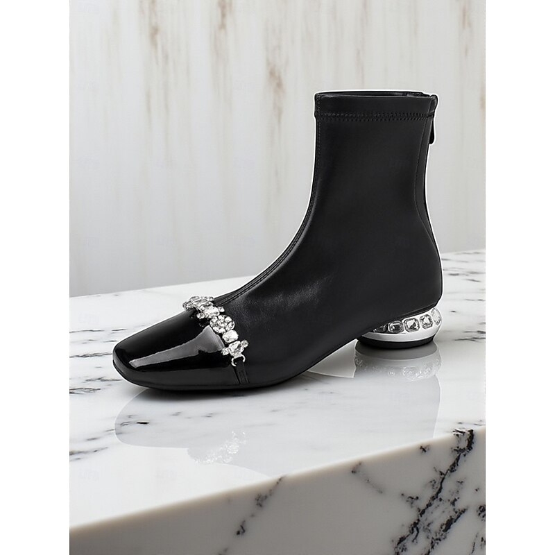 Women's Black Ankle Boots with Crystal-Embellished Low Heels and Rhinestone Strap, Elegant Urban Luxury Party Footwear