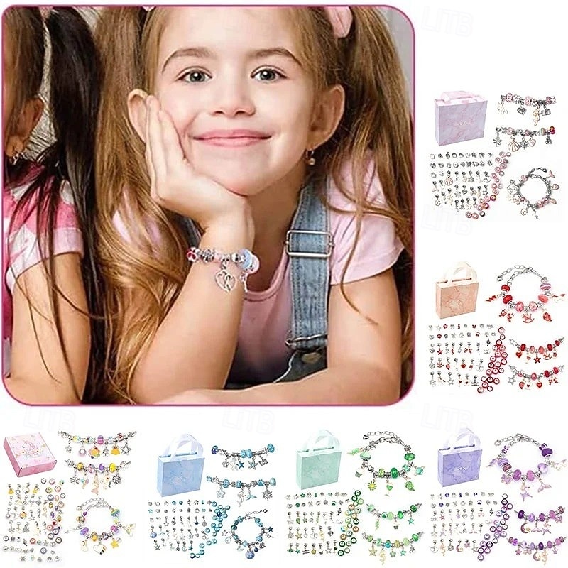 DIY Crystal Bracelet Set Kids Beaded Jewelry Making Kit Pink Cartoon Design Handmade Charm Bracelet Craft Accessories with Gift Box for Girls Creative Holiday Present