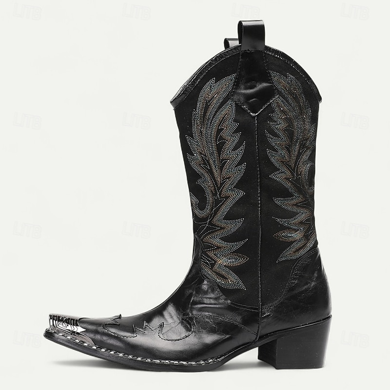 Men's Black Western Cowboy Boots with Embroidered Leaves – Premium Cowhide Tall Boots for Country Music Events, Rodeos and Vintage Parties4