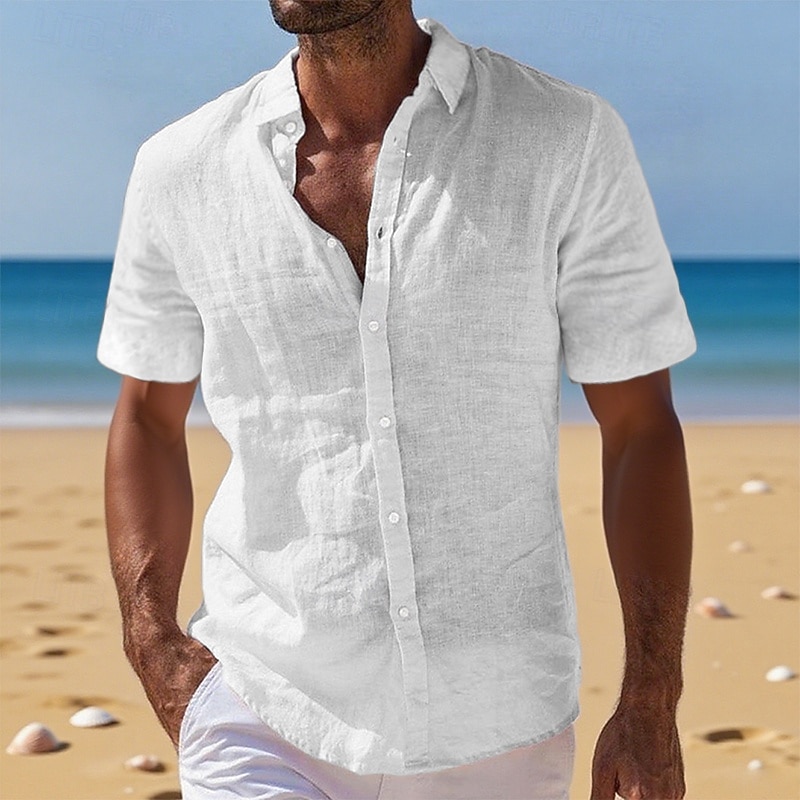 Men's Linen Shirt Summer Shirt Beach Wear Button Up Shirt Plain Vacation Curise Black White Light Green Pink Short Sleeve Turndown Summer Clothing Apparel