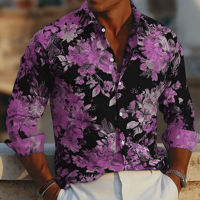 Men's Floral Print Neon Glow Flowers Shirt Button Up Shirt Casual Dress Shirt Long Sleeve Hawaiian Vacation Daily Streetwear Summer Spring Turndown 3D Print Collared Shirts Black Pink Blue Purple4
