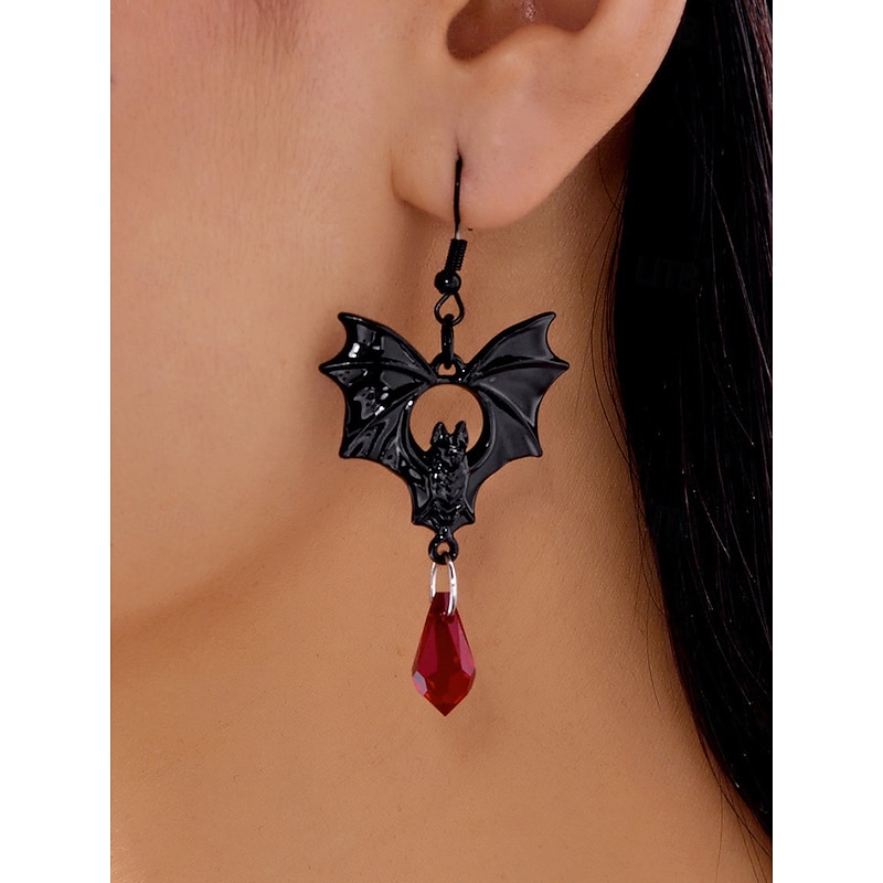Women's Gothic Bat Earrings with Crystal Drop – Black and Silver Bat Design, Perfect for Halloween Parties and Costume Events2