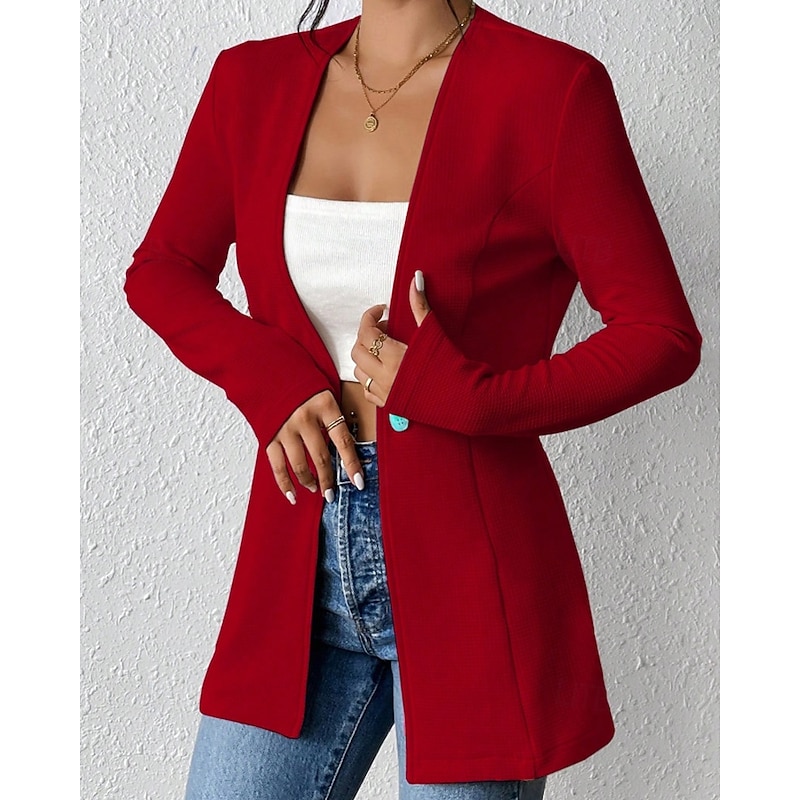 Women's Blazer Comfortable Buttons Fashion Plain Going out Weekend Single Breasted Regular V Neck Regular Fit Long Sleeve Outerwear Black White Wine Fall2