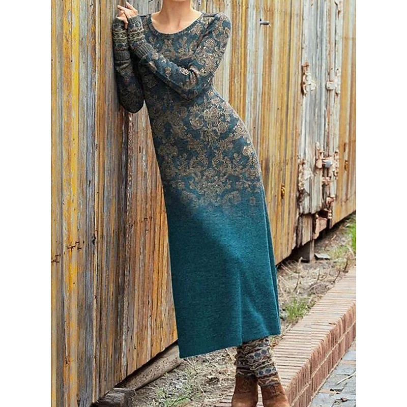 Women's Midi Dress Sheath Dress T Shirt Dress Tee Dress Casual Daily Holiday Regular Fit Graphic Geometric Long Sleeve Crew Neck Red Blue Green Peacock Blue Fall