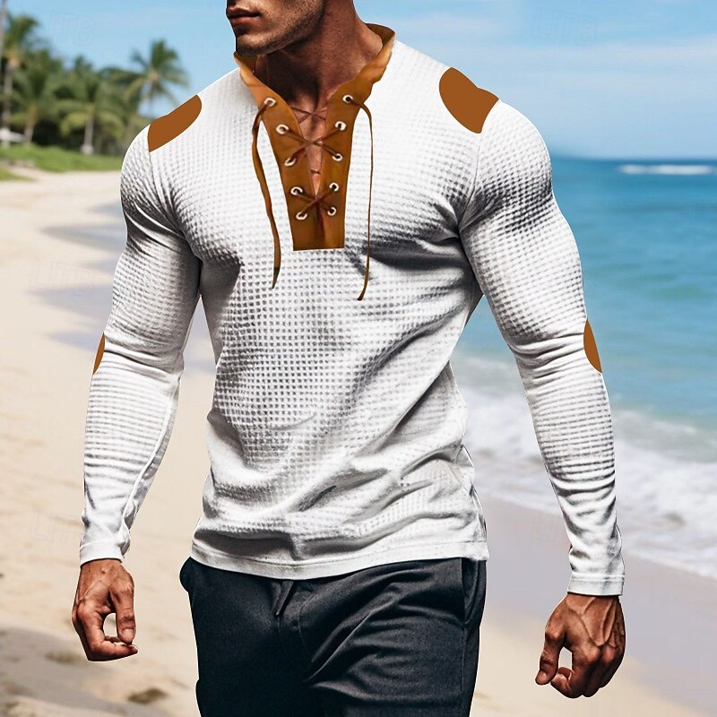 Men's T Shirt Tee Waffle Knit Tee Tee Top Long Sleeve V Neck Spring Fall Color Block Fashion Designer Basic Lace up Vacation Street Going out Apricot Black White Top Tee for Men4