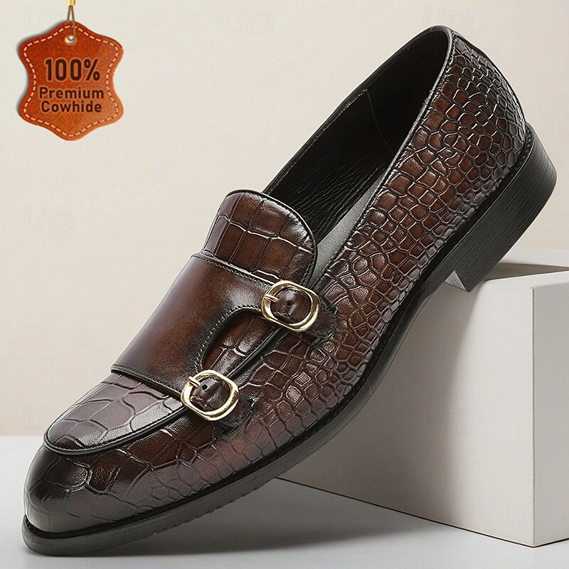 Men's Brown Crocodile Pattern Double Monk Strap Loafers – Slip-On Leather Dress Shoes for Business, Parties and Semi-Formal Occasions