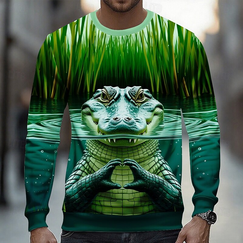 Men's Crocodile 3D Funny Sweatshirt Casual Long Sleeve Crew Neck Vacation Party Gift Light Green Green Crewneck 3D All Seasons Designer