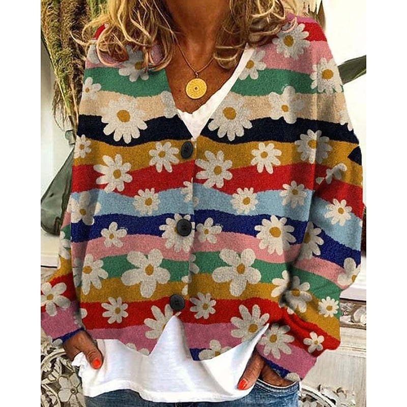 Women's Coat Casual Jacket Warm Comfortable Print Fashion Modern Casual Floral Going out Weekend Single Breasted Regular V Neck Regular Fit Long Sleeve Outerwear Blue Khaki Dark Blue Fall Winter