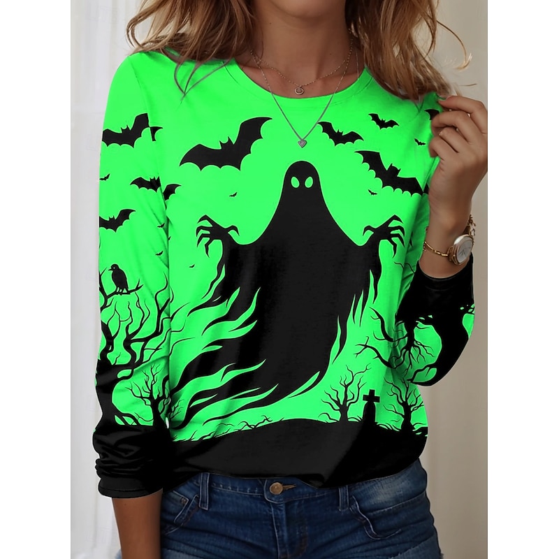Halloween Women's T shirt Witch Long Sleeve Crew Neck Long Sleeve Tunic Graphic Abstract Vintage Stylish Classic Regular Tops Daily Weekend Print Black Yellow Orange Fall Prefall3