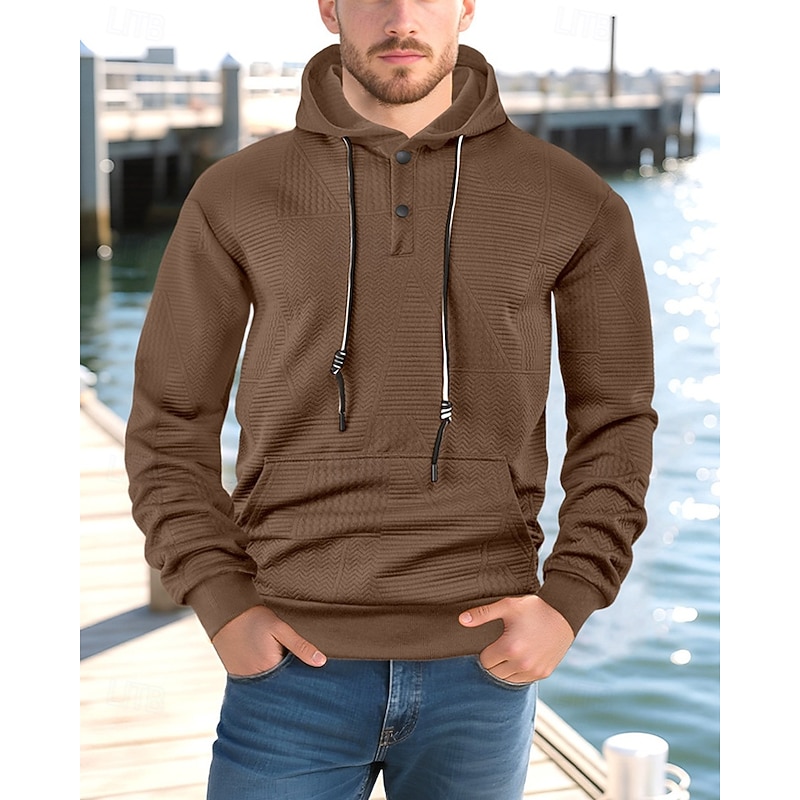Men's Hoodie Button Up Hoodie Black White Yellow Navy Blue Coffee Hooded Plain Jacquard Drawstring Pocket Ribbed Sports & Outdoor Daily Holiday Polyester Streetwear Basic Casual Spring Fall Clothing