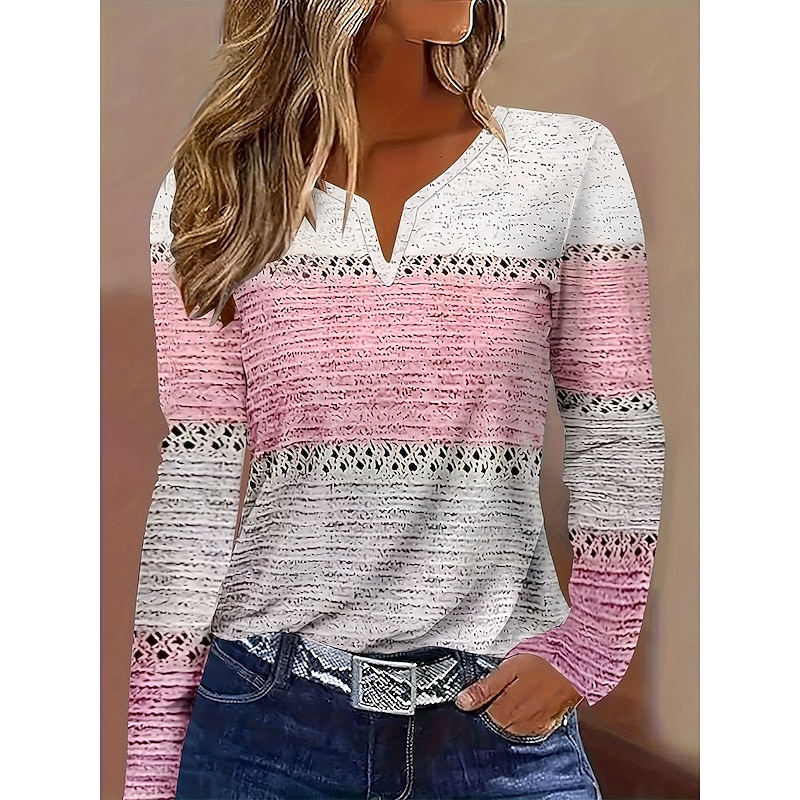 Women's T Shirt Graphic Striped Geometry Vintage Stylish Classic Long Sleeve V Neck Notched Neck Regular Tops Daily Weekend Print Dusty Rose Spring Fall Winter