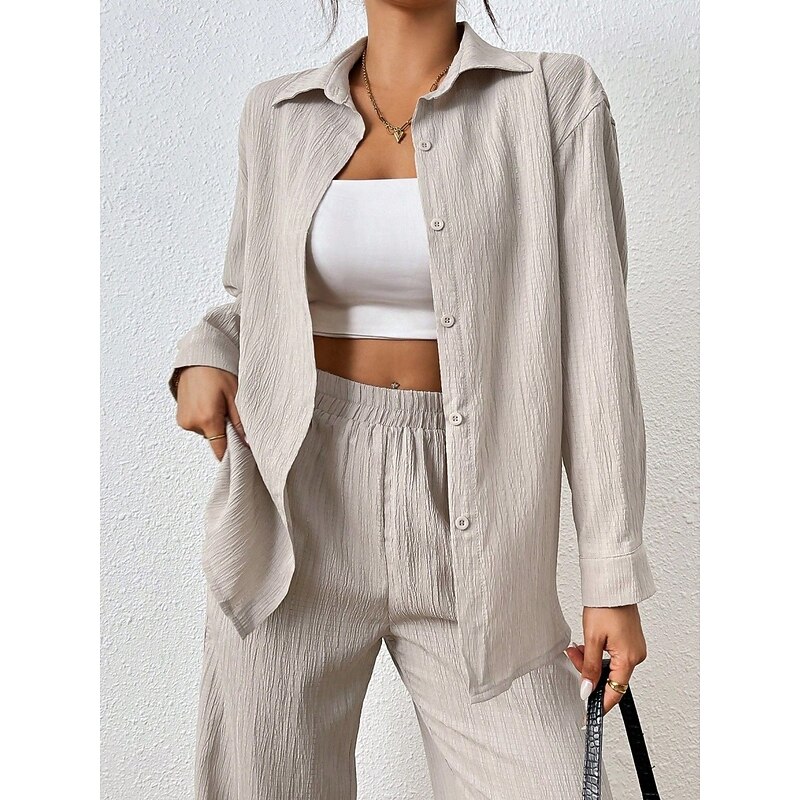 Women's Fashion Streetwear Pants Sets Long Sleeve Shirt Collar Solid Color Daily Wear Date Black Beige Gray Spring Regular Fit