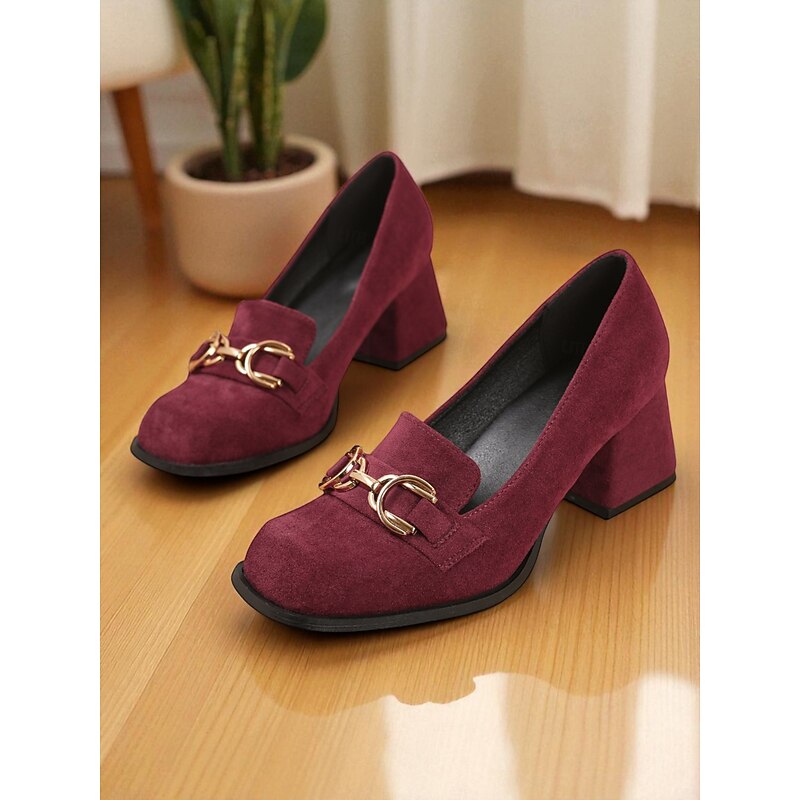 Women's Burgundy Suede Block Heel Loafers - Square Toe Slip-On Dress Shoes with Gold Horsebit Detail, Classic Retro Style for Office Wear, Business Outfits and Fall Winter Casual Occasions4