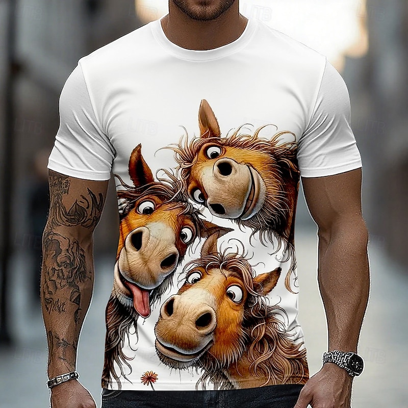 Men's Horse Funny T Shirt Short Sleeve T shirt 3D Print Crew Neck Shirt Exaggerated Designer Party Holiday Lake Blue Black White Summer Spring Clothing Apparel S M L XL XXL XXXL