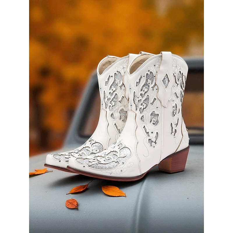 Women's Dark Brown Short Western Cowboy Boots with White Embroidered Patterns, Pointed Toe and Low Heel for Country Dance and Casual Outfits3