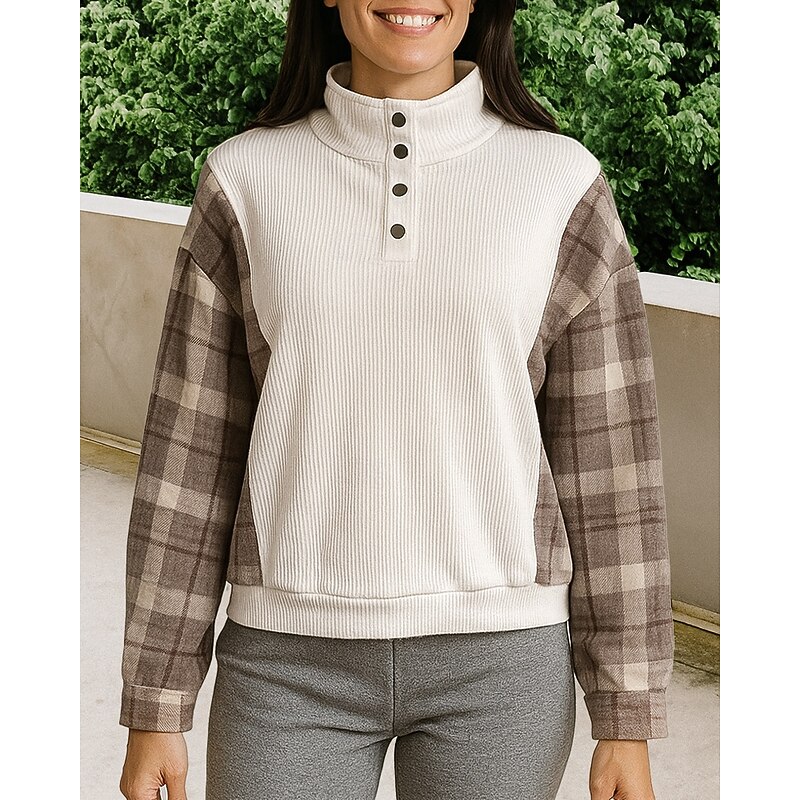 Women's Pullover Sweatshirt Casual Tops Buttons Long Sleeve Top Athleisure Plaid Checkered Outdoor Travel Sports Sportswear Activewear Beige3