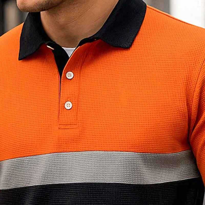 Men's Waffle Polo Shirts Polo Shirts Formal Business Ribbed Polo Collar Long Sleeve Fashion Solid Color Striped Color Block Buttons Spring &  Fall Regular Fit Black / Orange Waffle Polo Shirts2