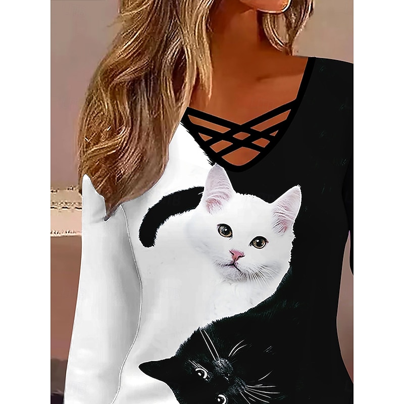 Women's T Shirt Graphic Animal Cat Vintage Stylish Classic Long Sleeve V Neck Regular Tops Daily Tassel Tie Print Black and White Spring Fall Winter3