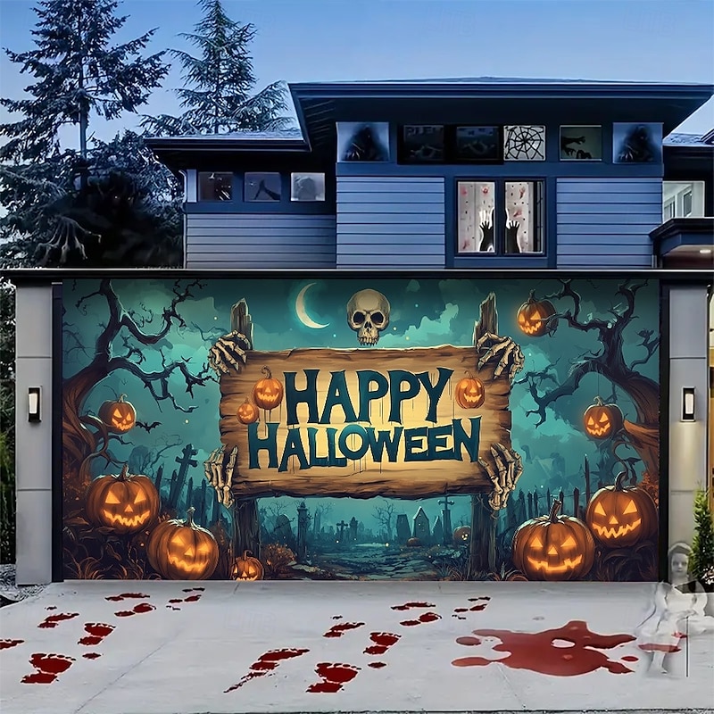 Halloween  Outdoor Garage Door Cover Skeletons Banner Large Tapestry Backdrop Decoration for Holiday Outdoor Garage Door Home Wall Decorations