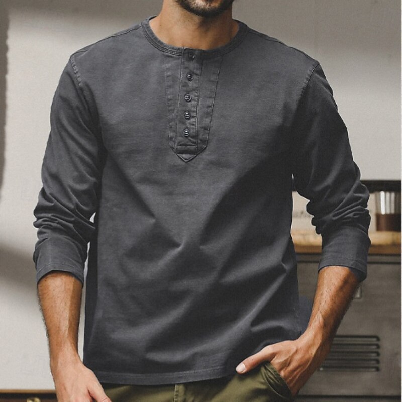 Men's Henley Shirt Vintage Shirt Long Sleeve Retro Vintage Vintage Style Washed Henley Casual Spring &  Fall Dark Brown Gray Henley T-Shirt4