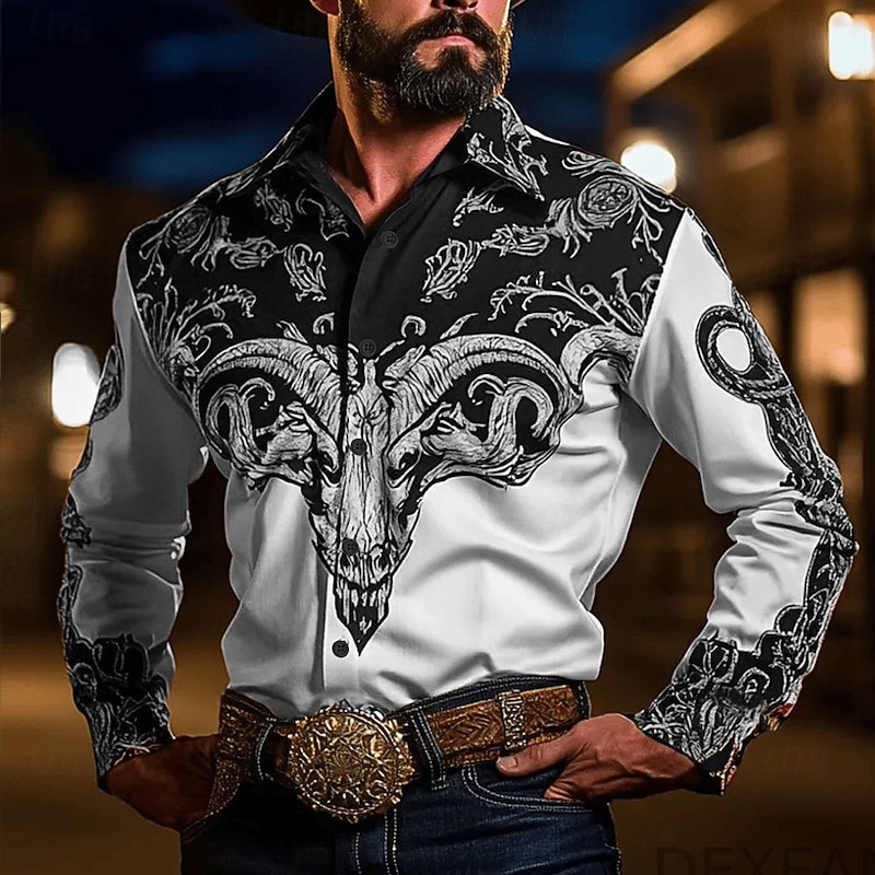 Men's Cow Floral Print Flowers Shirt Western Shirt Cowboy Shirt Long Sleeve Vintage Retro Outdoor Vacation Spring Fall Turndown 3D Print Linen Like Shirt Blue Green Beige Gray4