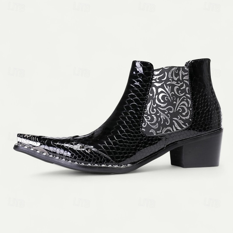 Men's Black Patent Crocodile Pattern Boots – Embossed Floral Pointed Toe Dress Shoes for Stage Shows, Parties and Night Out3