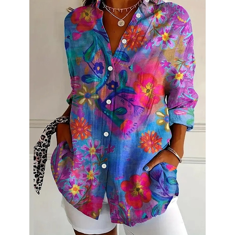 Women's Shirt Button Down Tunic Shirt Collar Long Sleeve Floral Graphic Vintage Tropical Stylish Regular Tops Work Daily s Print Fuchsia Spring Fall Winter3