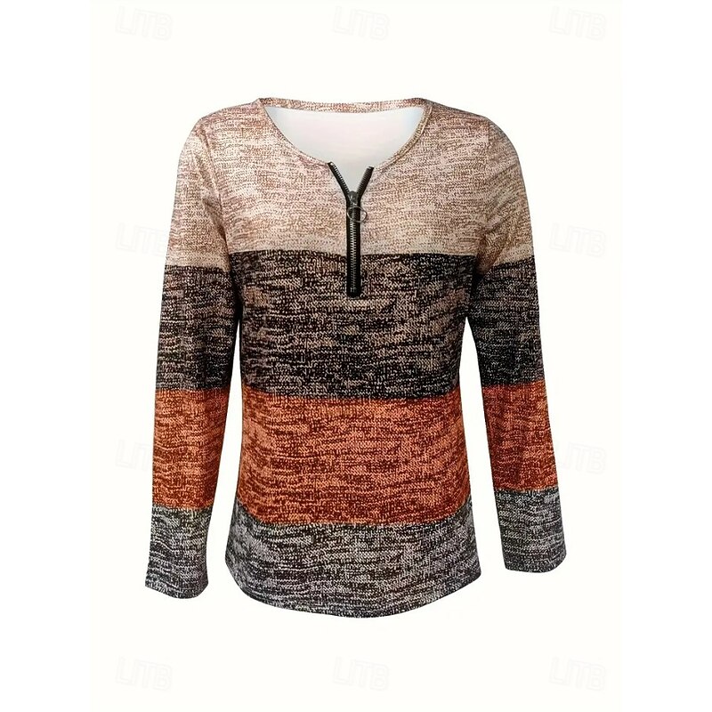 Women's T Shirt Graphic Geometric Color Block Vintage Stylish Classic Long Sleeve Round Neck Regular Tops Daily Weekend Zipper Print Blue Brown Spring Fall Winter2