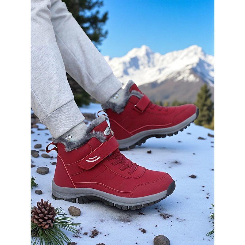 Women's Dark Red Waterproof Winter Hiking Boots – Plush Fur Lined, Non-Slip Outdoor Snow Shoes, Warm Trekking & Travel Footwear3
