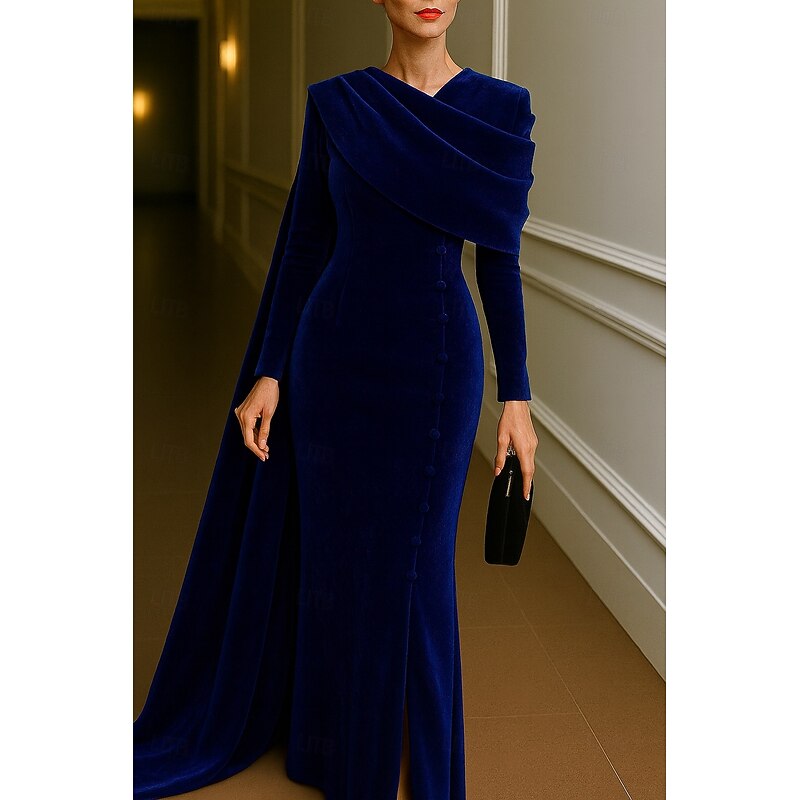 Burgundy Blue Column Evening Gown Elegant Dress Formal Wedding Floor Length Long Sleeve Stand Collar Velvet with Pleats 20253