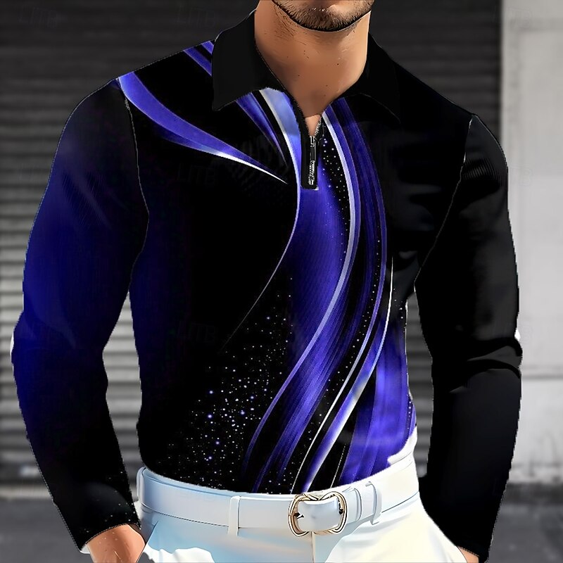 Men's Geometic Line Polo Long Sleeve Polo Shirts Lapel Business Casual Business Daily Wear 3D Print Buttons Spring Fall Lake blue Blue Green3