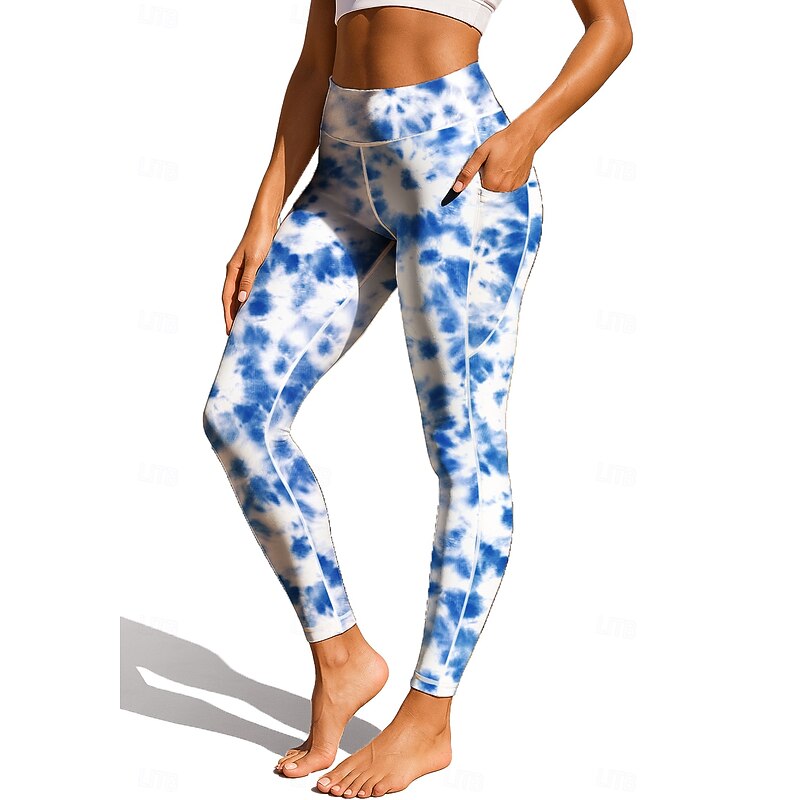 Women's Unisex pilates leggings fitness pants Gym Leggings Pockets Stamp Duty Side Pockets Pilates Gym Gym Workout Pants Tights Leggings Graphic Tie Dye Abstract Blue and White Sports Activewear3